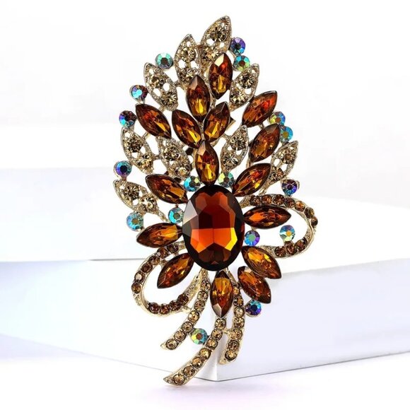 2/$30 Gold Crystal Leaf Brooch Pin With Amber & Multicolor Rhinestones - Picture 4 of 8